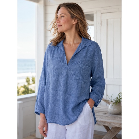 J. Jill Tops - J Jill x Love Linen Roll Tab Pocket Top Medium Blue Lagonlook Coastal Beachy